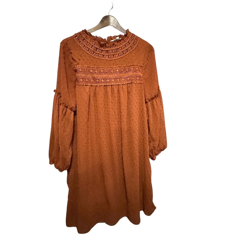 Linda Anderson Women's M Boho Lace Mock Neck Long Sleeve Ruffle‎ Swiss Dot Dress